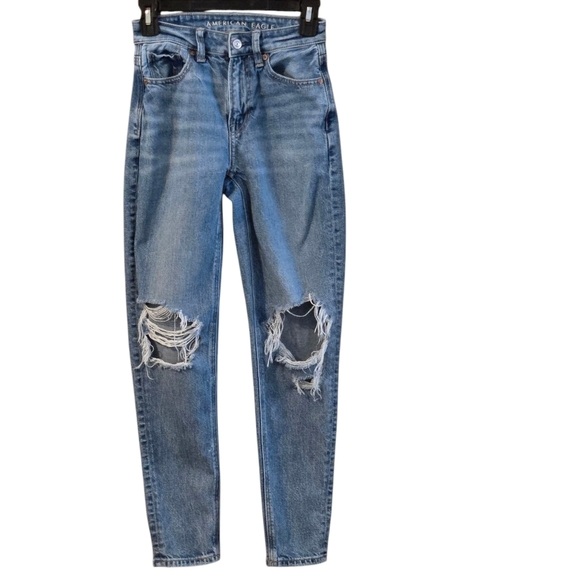 American Eagle Strigid Mid Rise Distressed Jeans 000 Regular Tapered Leg Ripped - Picture 1 of 11